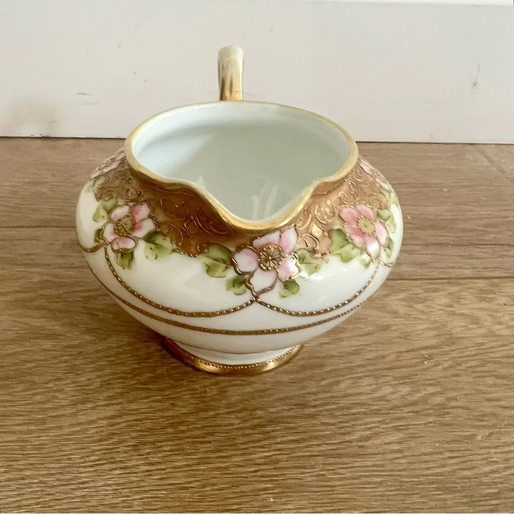 Antique 1910 Handpainted RC Nippon Porcelain Pitcher Creamer Gold beads Flowers‎